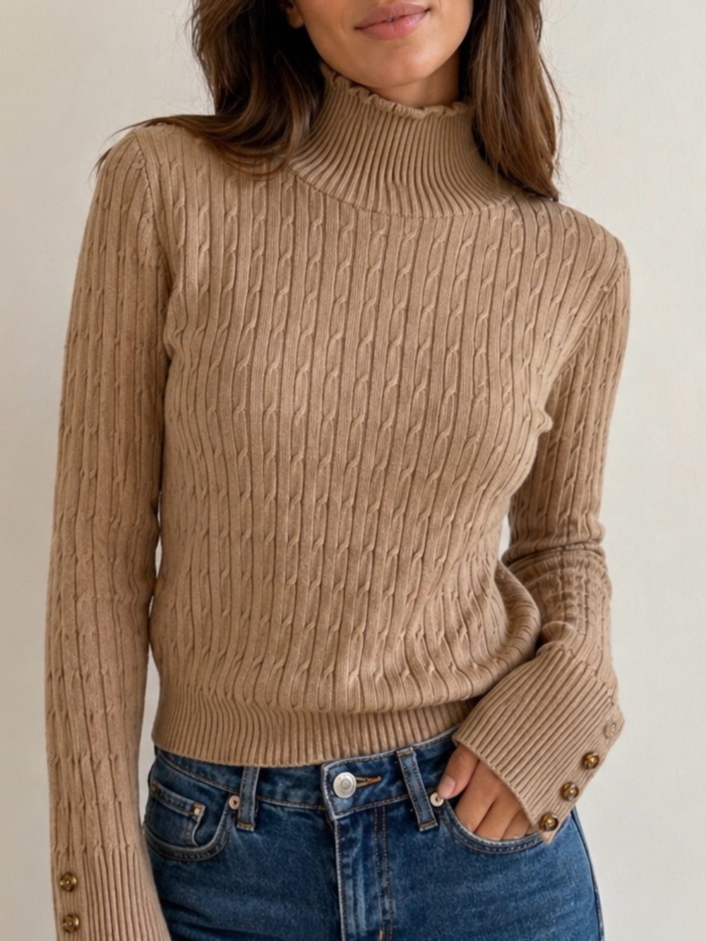 Ribbed Mock Neck Cable Knit Sweater - Beige